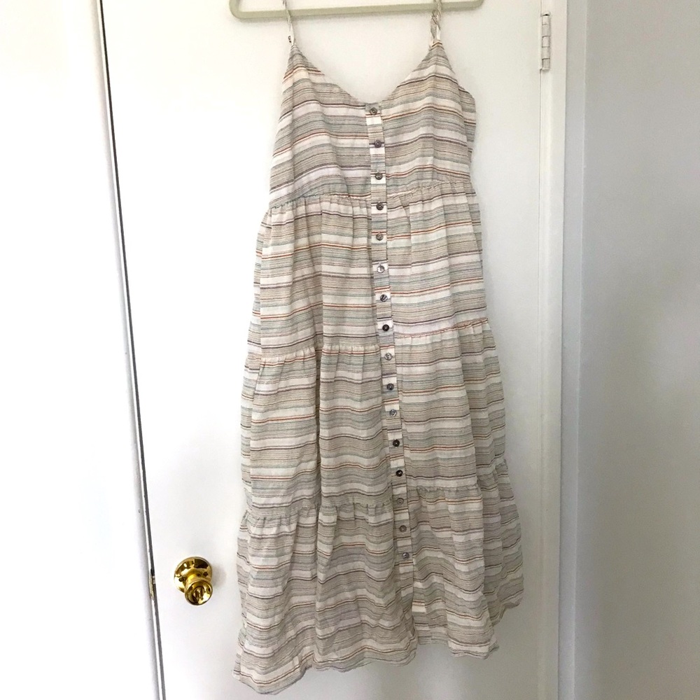 🌈Linen Button Front Dress, White with colorful Stripes 🌈